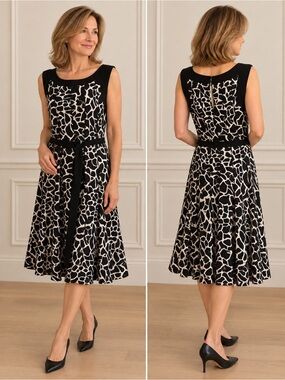 Jolie Vintage Black & Ivory Sleeveless Belted Dress Size 14 Made in Canada